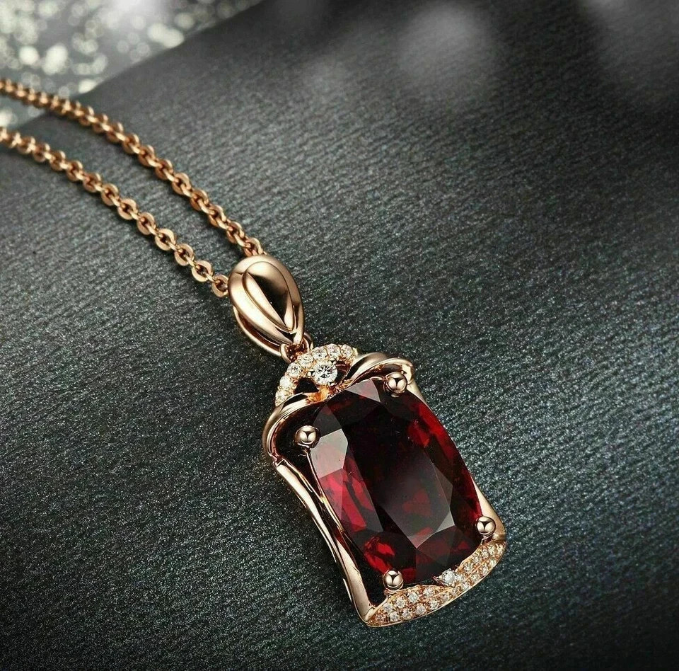 3CT Oval Lab Created Red Ruby Diamond Women’s Chain Pendant 14k Rose Gold Plated