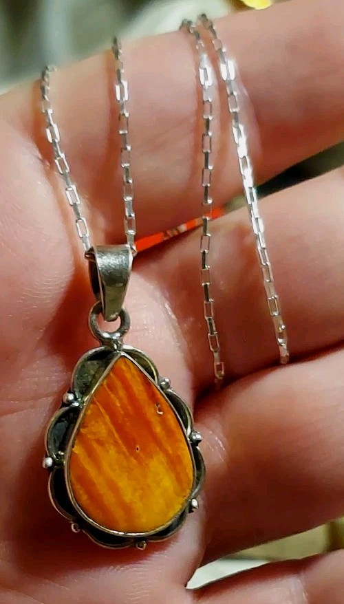 New Large Sterling Silver & Orange Red Spiny Oyster Pendant with Chain