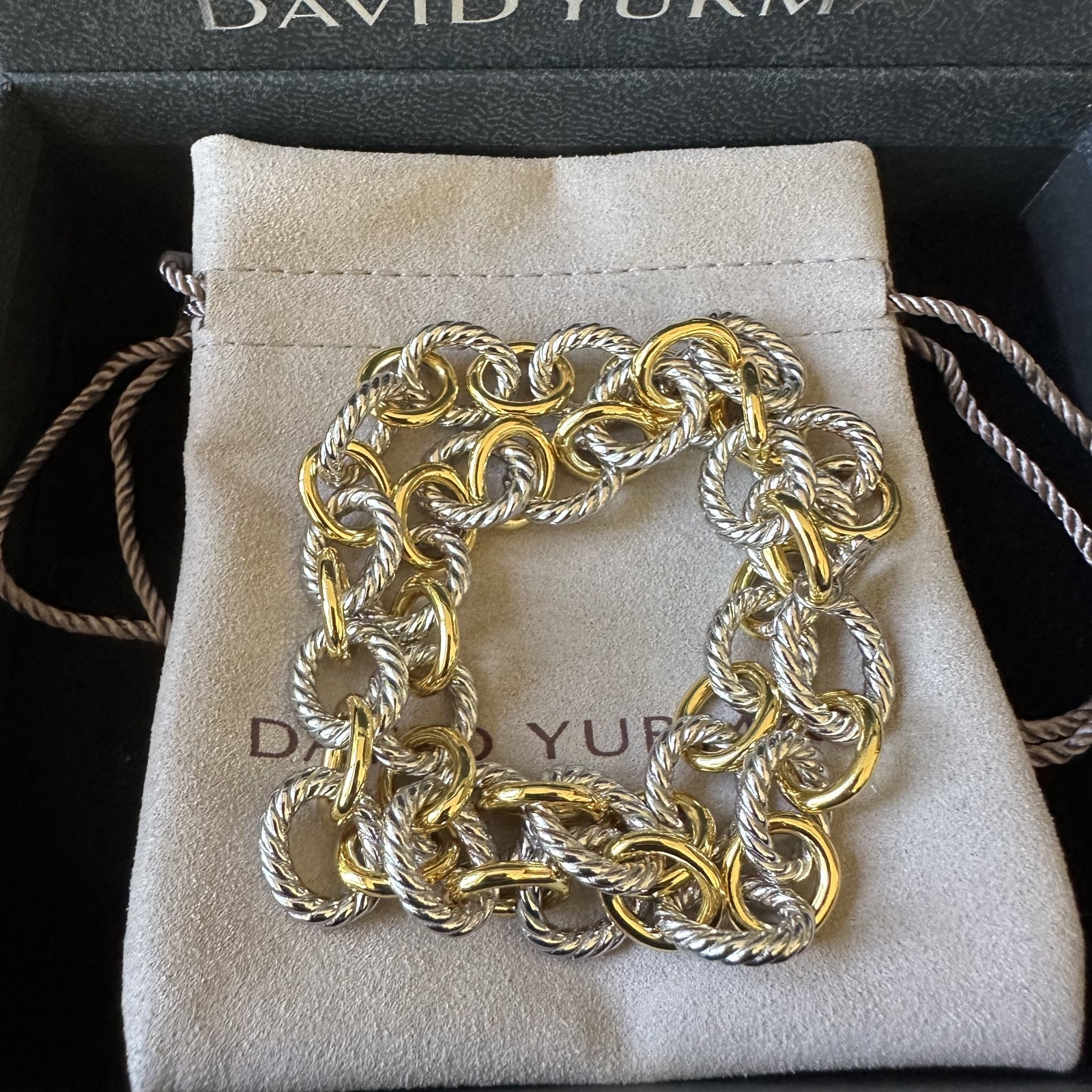David Yurman Sterling Silver 18K Gold Two Tone Twisted Cable Oval Link Necklace