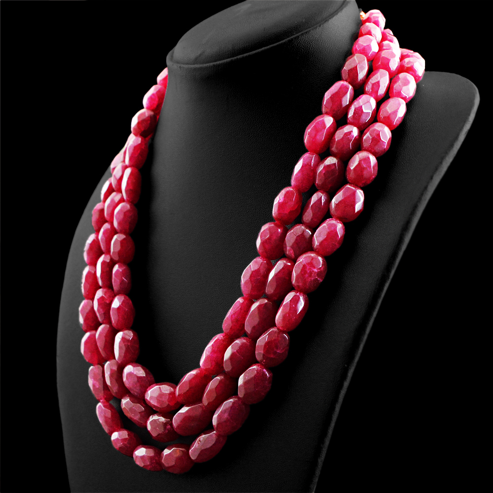 1040.00 CTS EARTH MINED RICH RED RUBY 3 STRAND OVAL FACETED BEADS NECKLACE (DG)