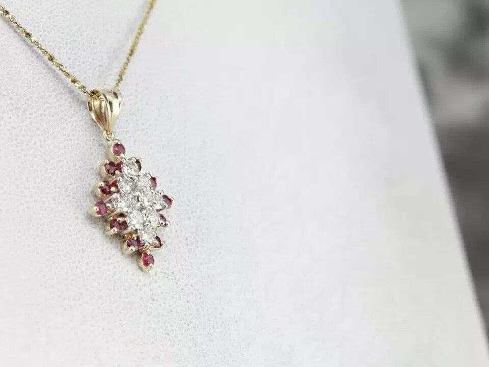 2Ct Cut Diamond & Ruby Cluster Pendant 14K Yellow Gold Finish 18″ Free Chain
