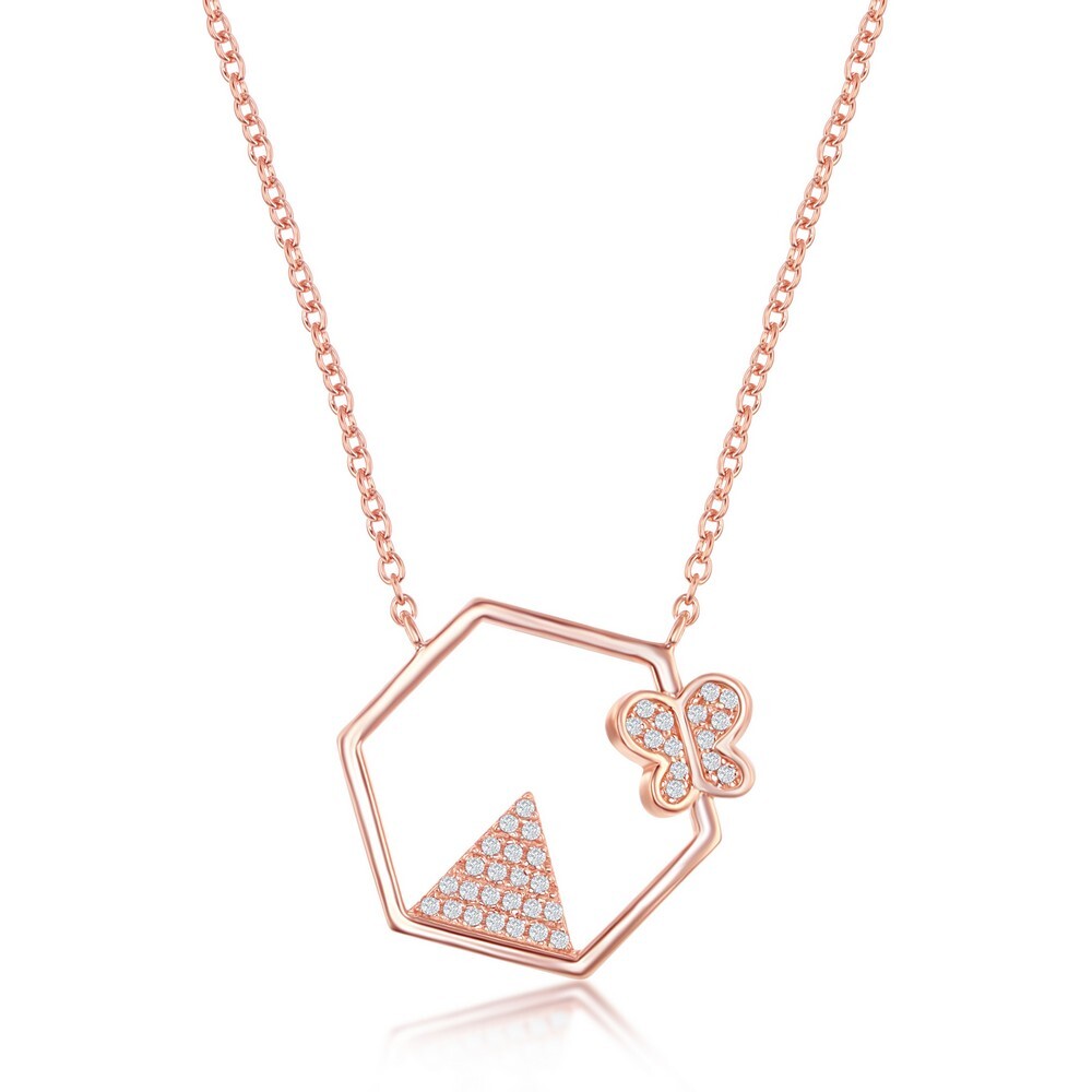 CZ Triangle and Butterfly Hexagon Shaped Necklace – Rose Gold Plated