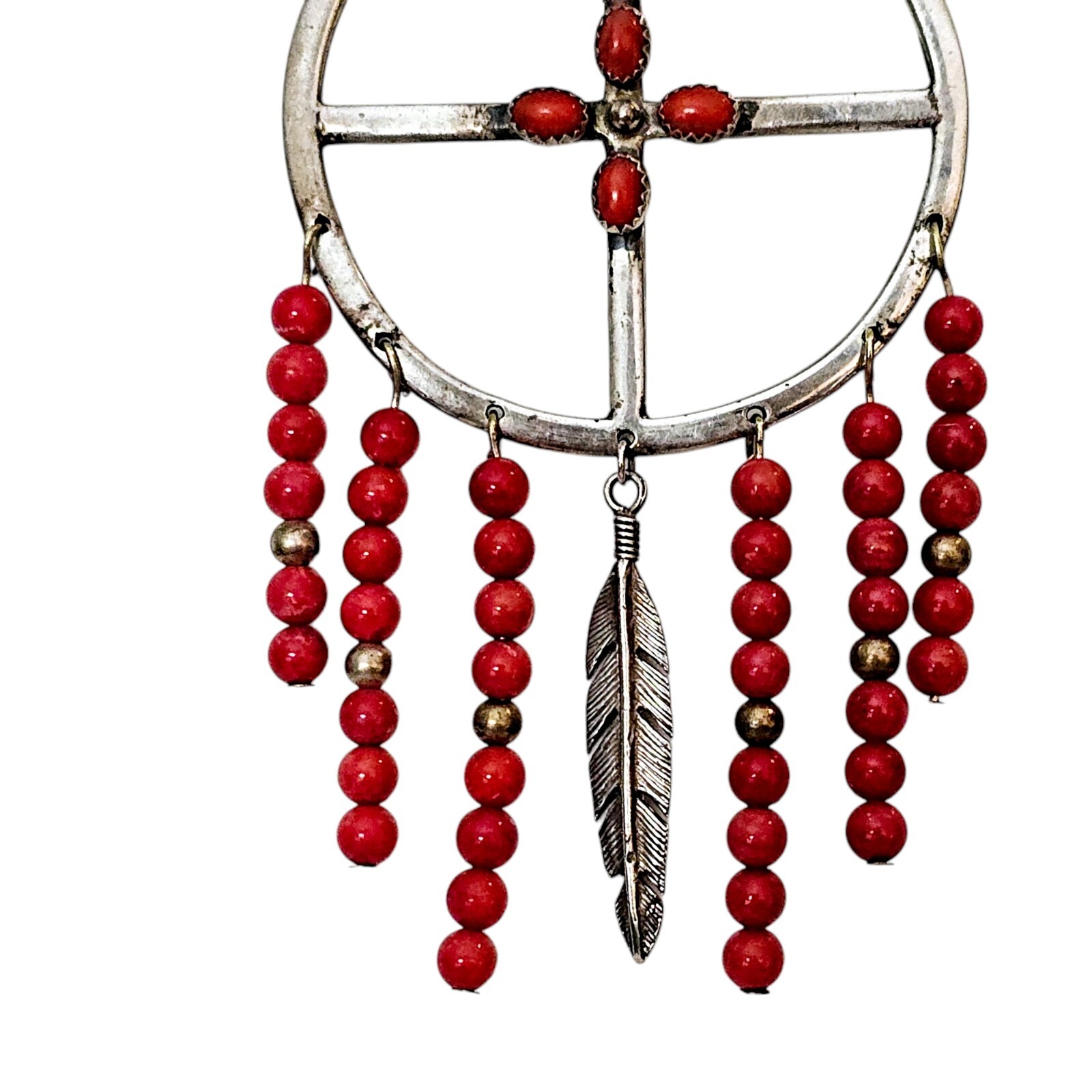 SOUTHWEST Necklace Dreamcatcher 925 Sterling Silver Coral Bead Chain Signed B