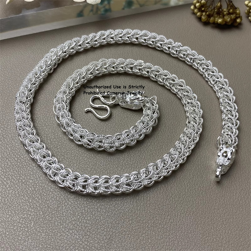 Pure 999 Fine Silver Chain Double Dragon 10mm Wheat Link Necklace 70-71g 23.6in