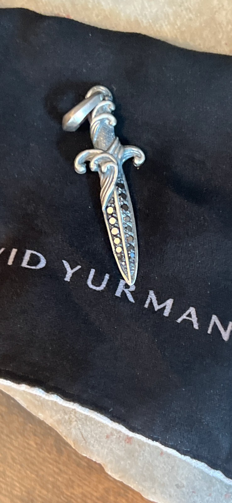 David Yurman Sterling Silver 925 Waves Dagger Amulet Pendant 2ct Black Diamonds