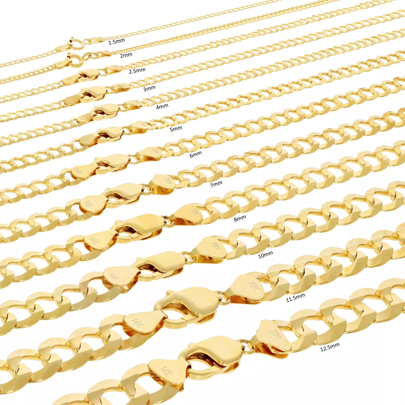 14K Yellow Gold Solid 3mm-10mm Curb Cuban Chain Link Necklace Bracelet 7″- 30″