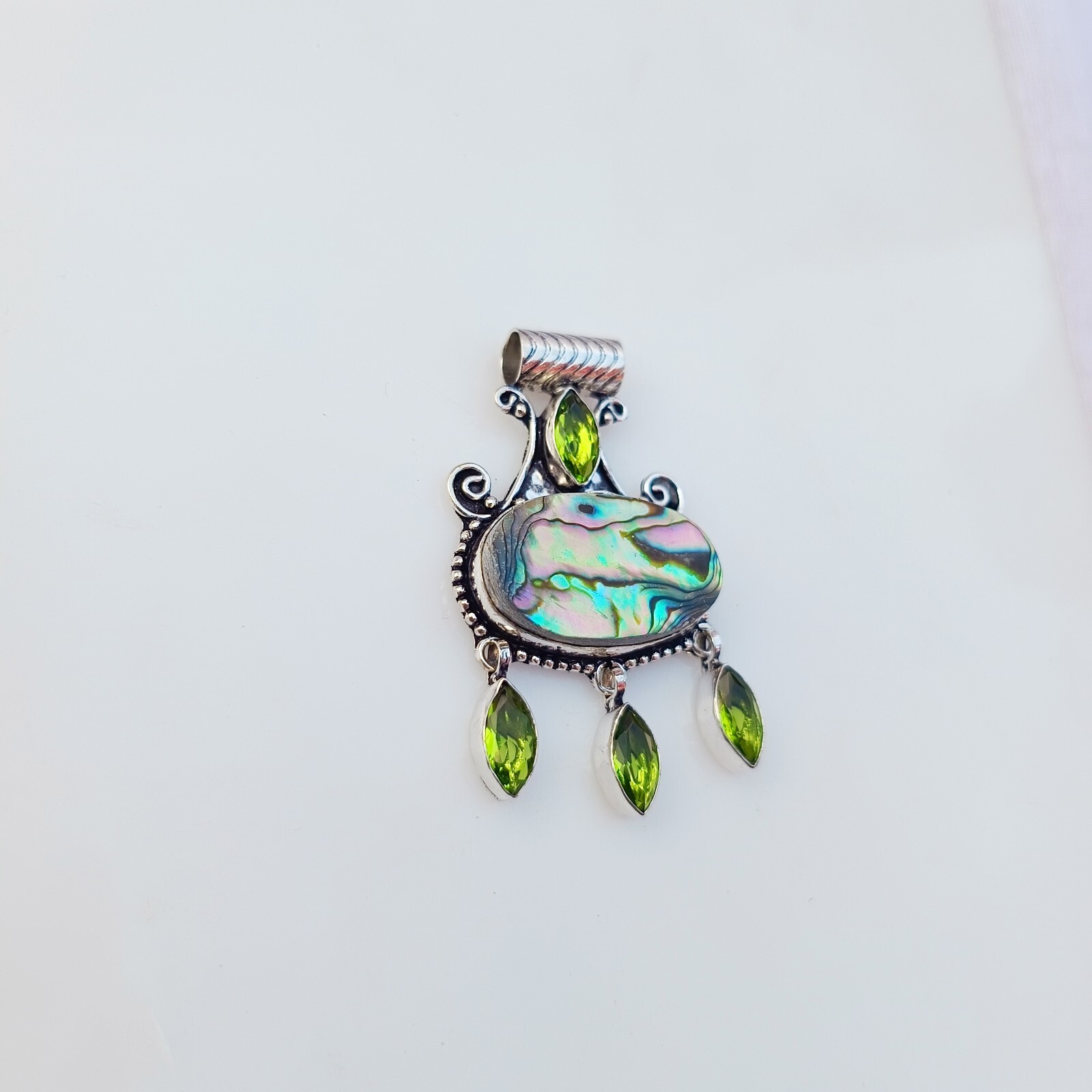 Green Peridot Abalone Pendant 925 Sterling Silver Handmade Gemstone Jewelry Gift
