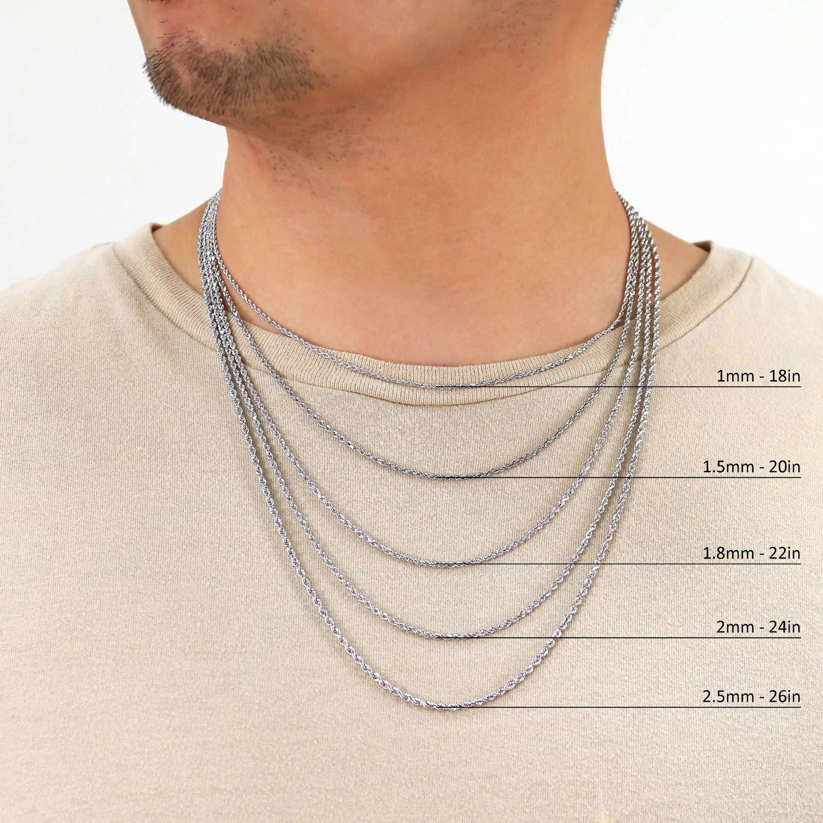 14K White Gold 1.5mm-5mm Diamond Cut Rope Chain Necklace Mens Womens 14″-30″