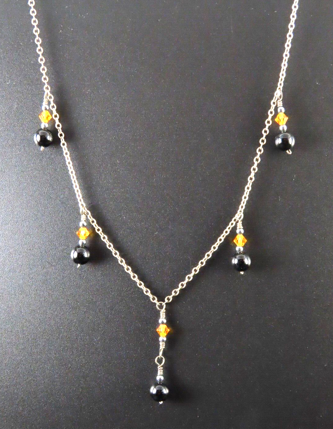 VTG STERLING SILVER Chain Necklace BEADED STATION DROPS Dangles BLACK ORANGE