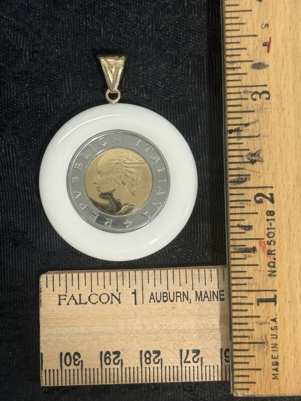 VTG Milor Italian 500 Lira Gold Coin Pendant w/ White Agate & 14K Gold Bail NEW
