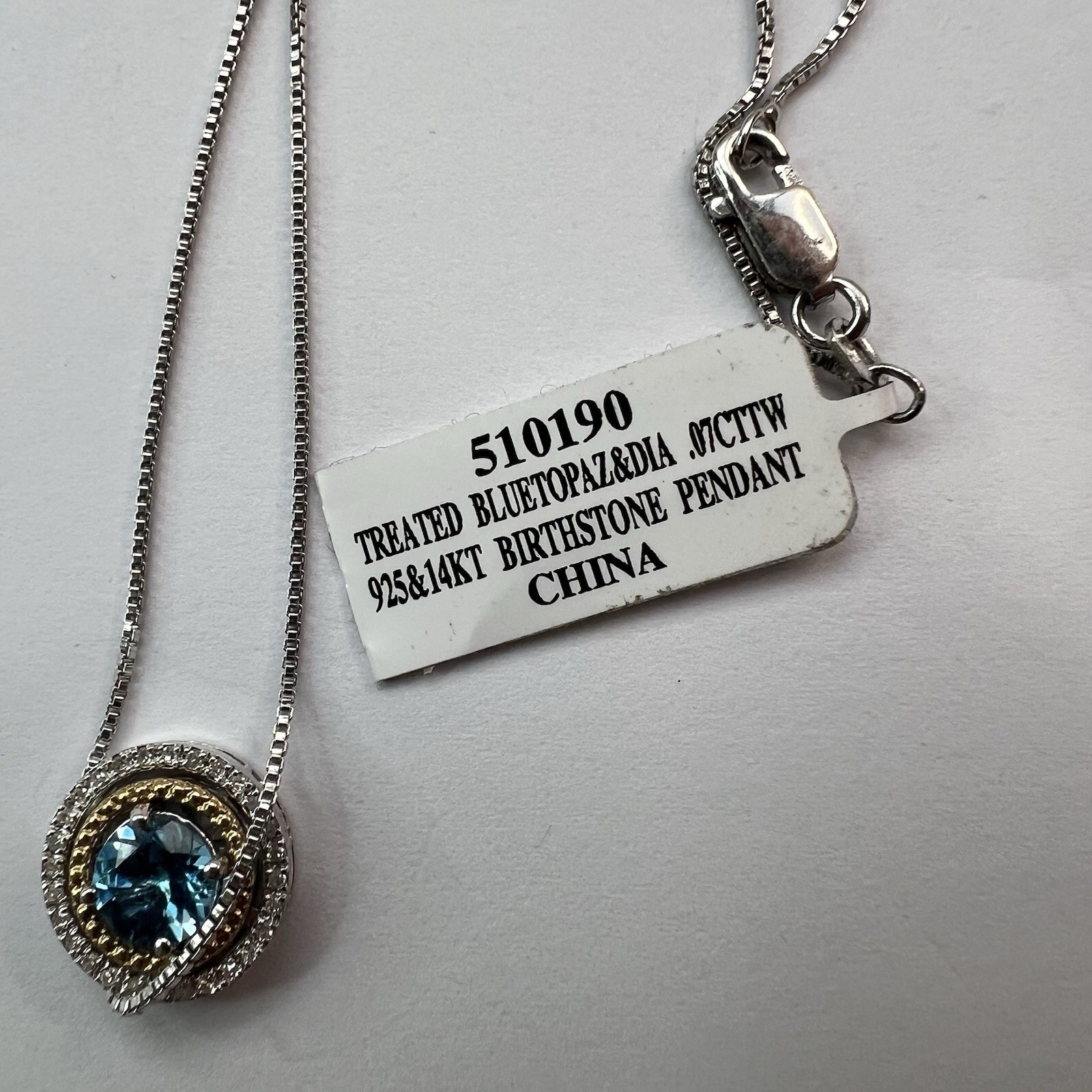 Blue Topaz Diamond Halo Pendant Necklace 925 Sterling Silver And 14K Gold NWT
