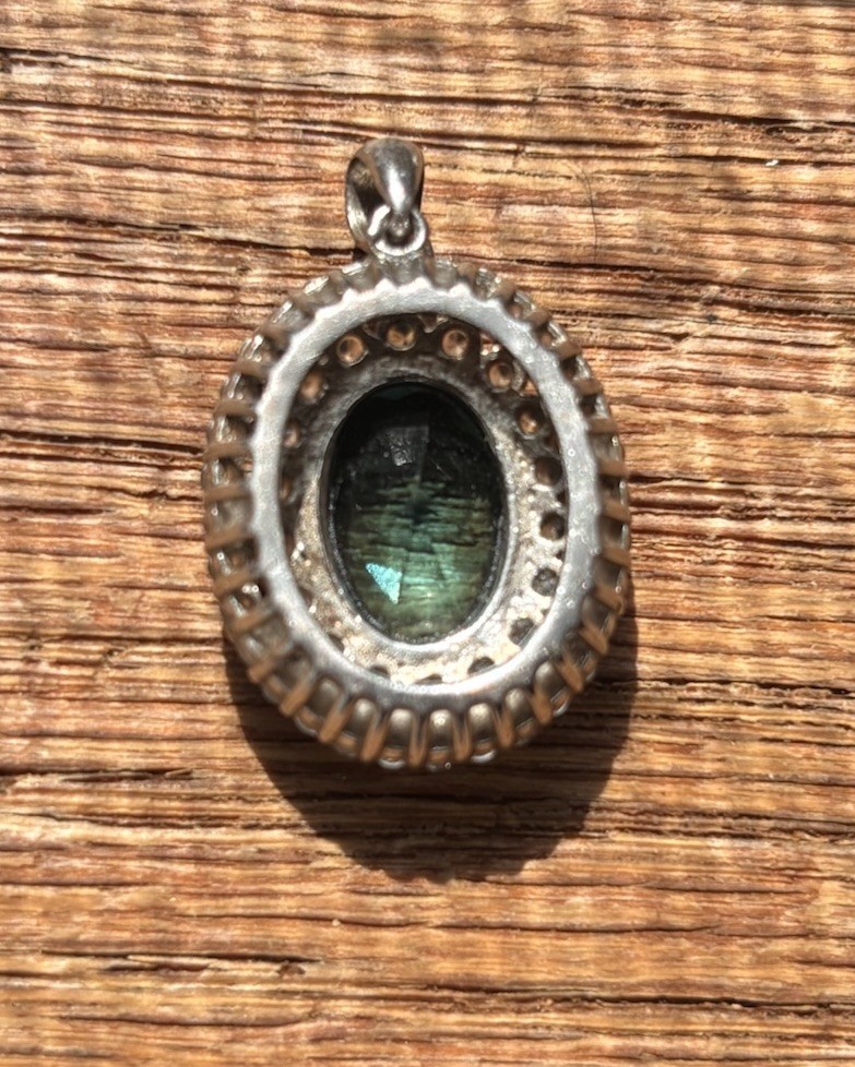 925 Sterling Silver Green Oval Halo Pendant CZ Accents