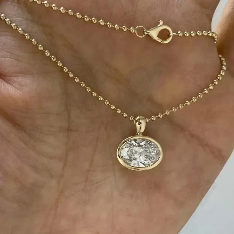 14K Yellow Gold Plated 2Ct Oval Cut White Moissanite Women’s Bezel Pendant