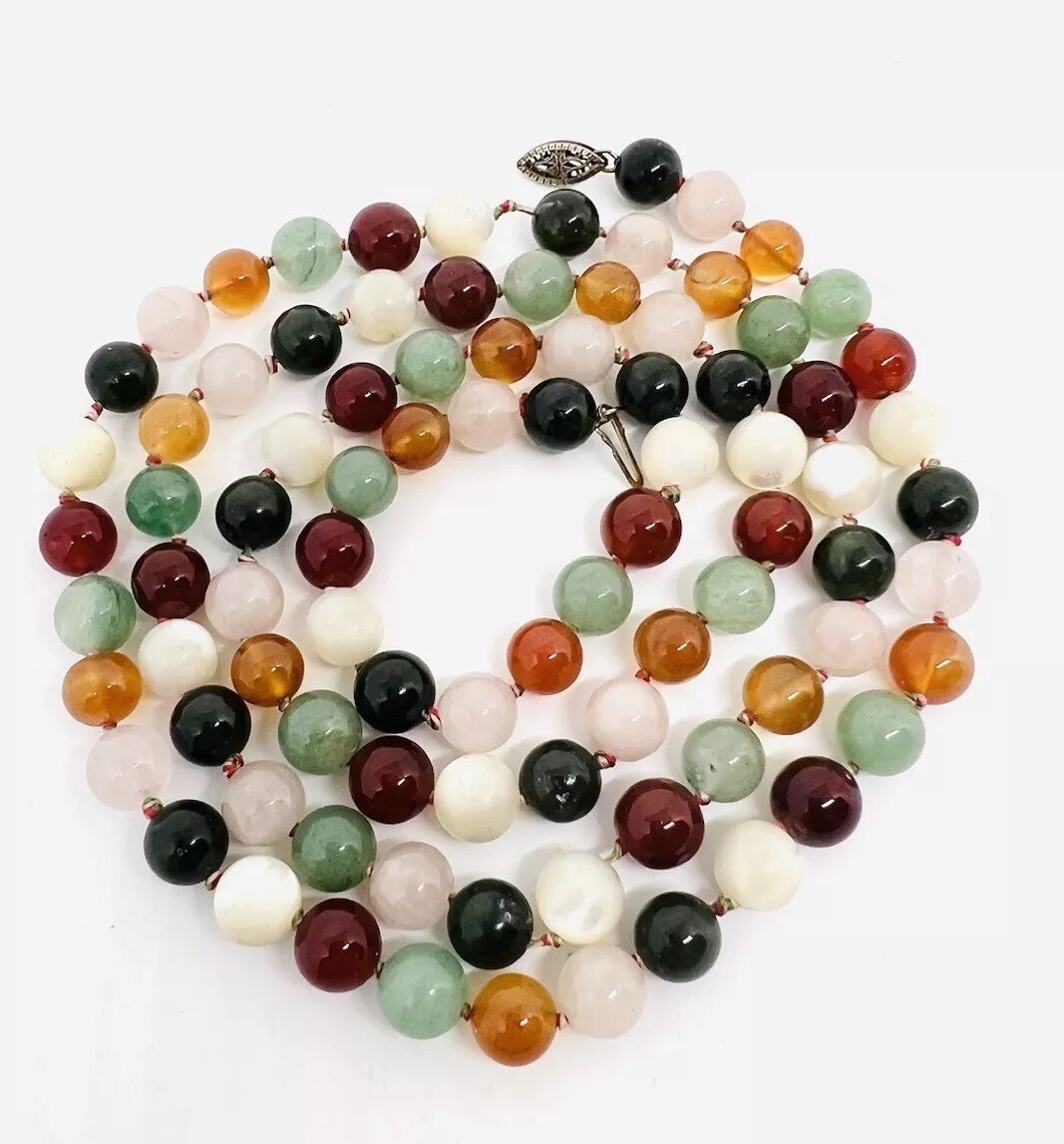 Sterling Silver Carved Multi Gemstone Beaded Necklace 67gm 32 in Vintage Jewelry