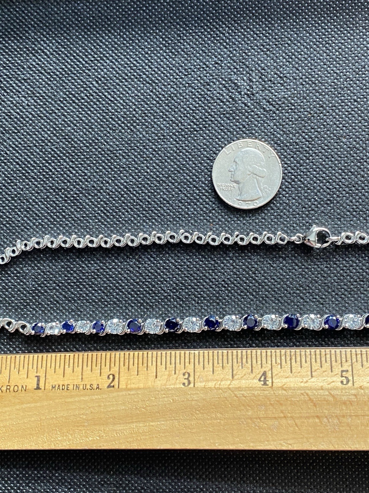 925 Sterling Silver Lab Created Blue & White Sapphire Tennis Necklace Signed EMA