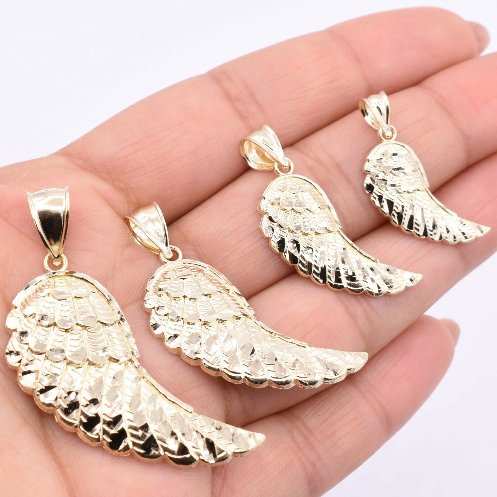 Diamond-Cut Angel Wing Pendant Charm Real 10K Yellow Gold ALL SIZES