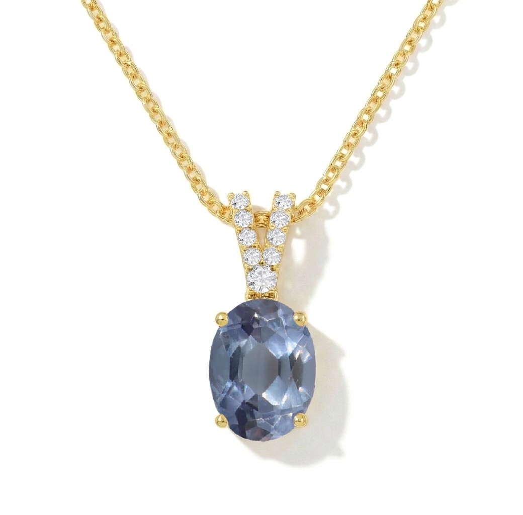 Alexandrite Pendant Necklace 14K Gold Plated, Oval Color Change Alexandrite