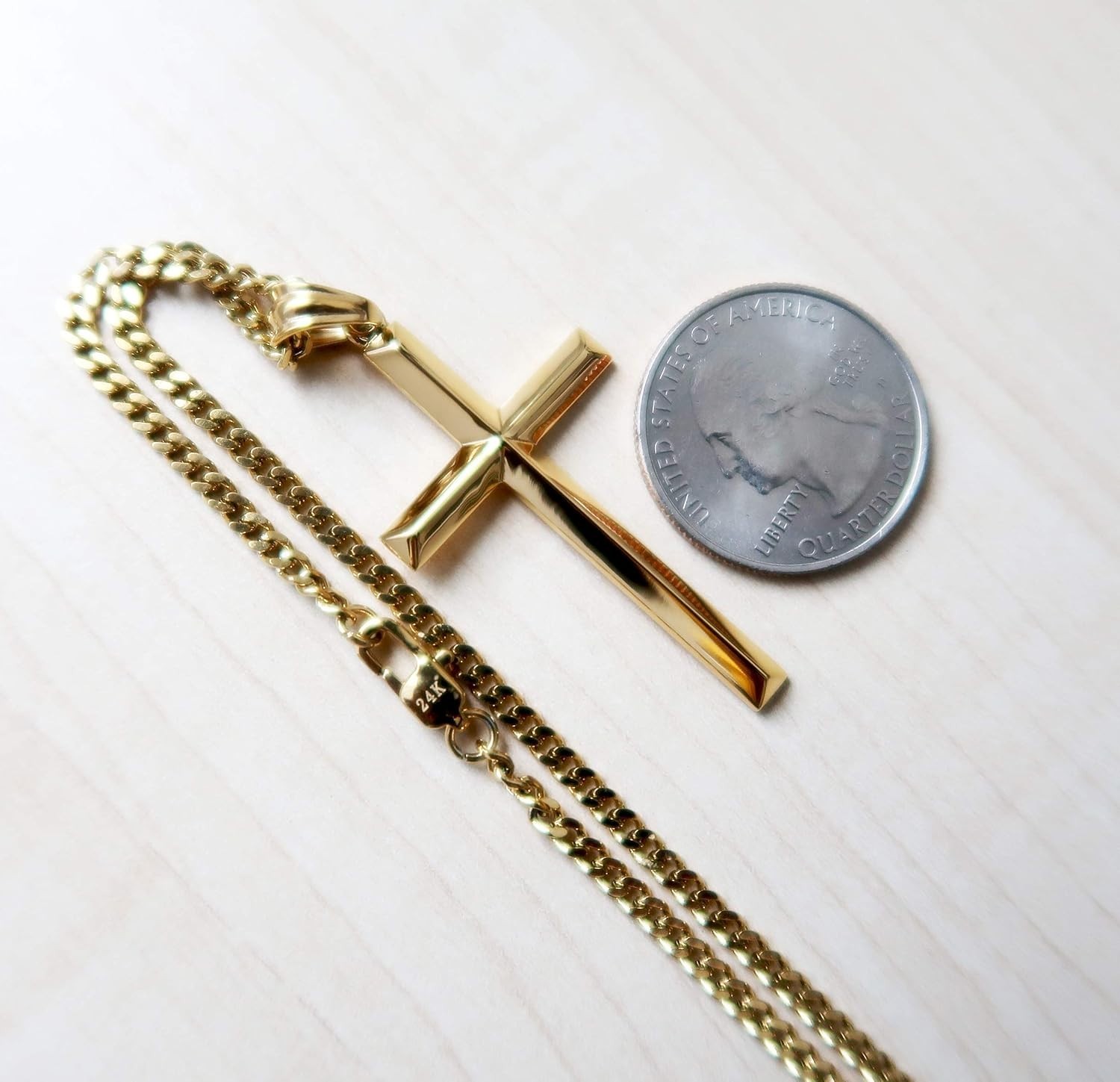 24K Gold Chain Style Cross Pendant Necklace Strong Clasp for MEN 24ct 3MM Thin
