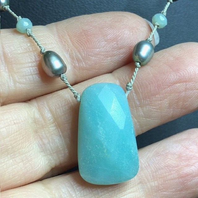 B4096 Amazonite Pearl Beaded Necklace Toggle Sterling Silver *unmarked Clasp