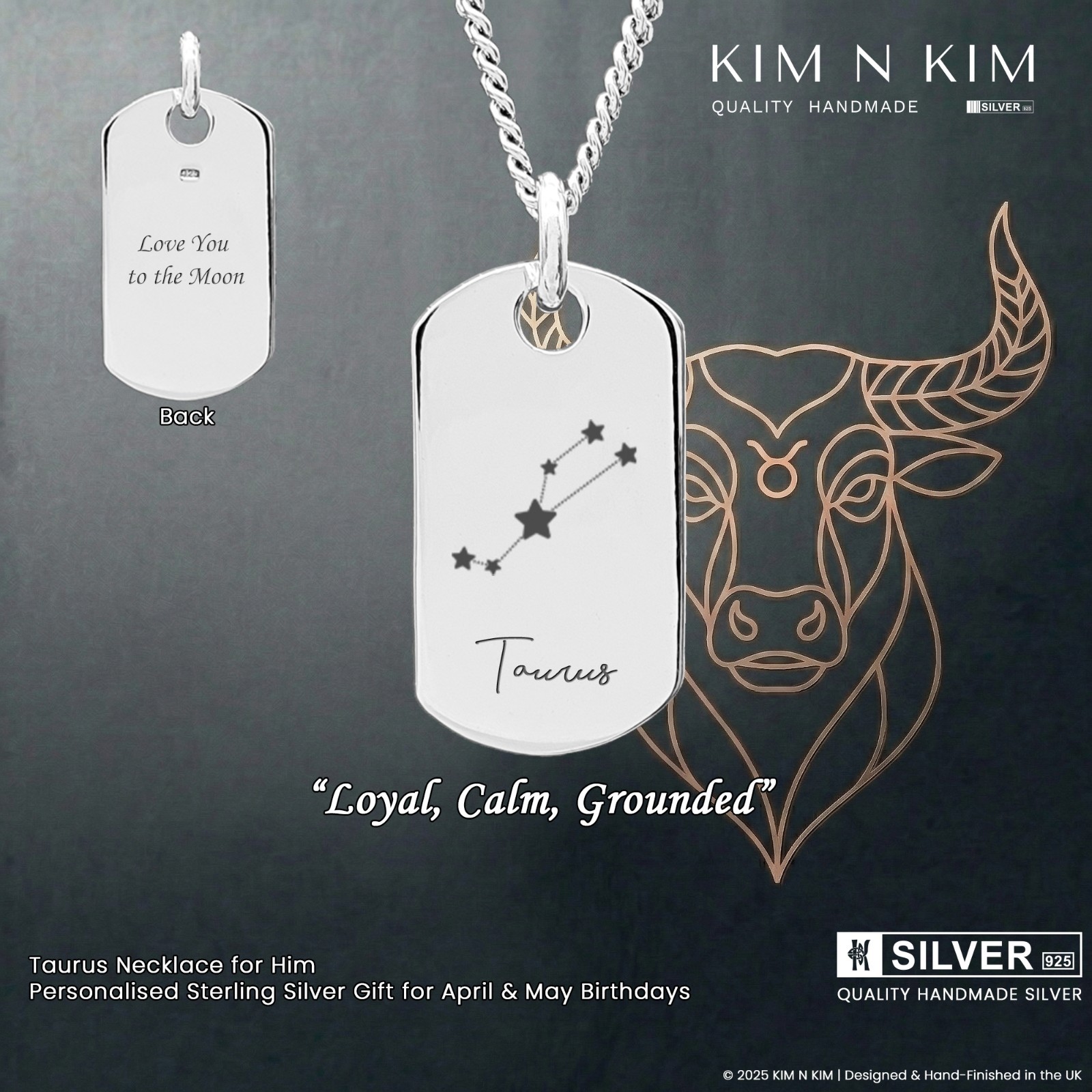 Taurus Necklace for Him – Personalised Sterling Silver Gift for April & May