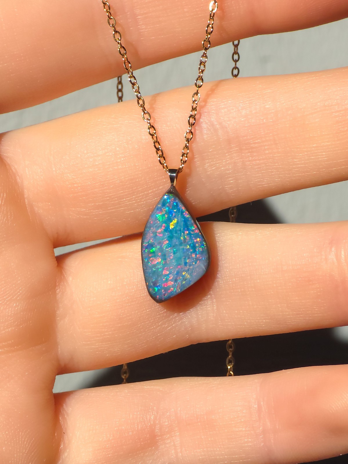 14K Gold Australian Opal Pendant, Coober Pedy Opal Doublet Necklace