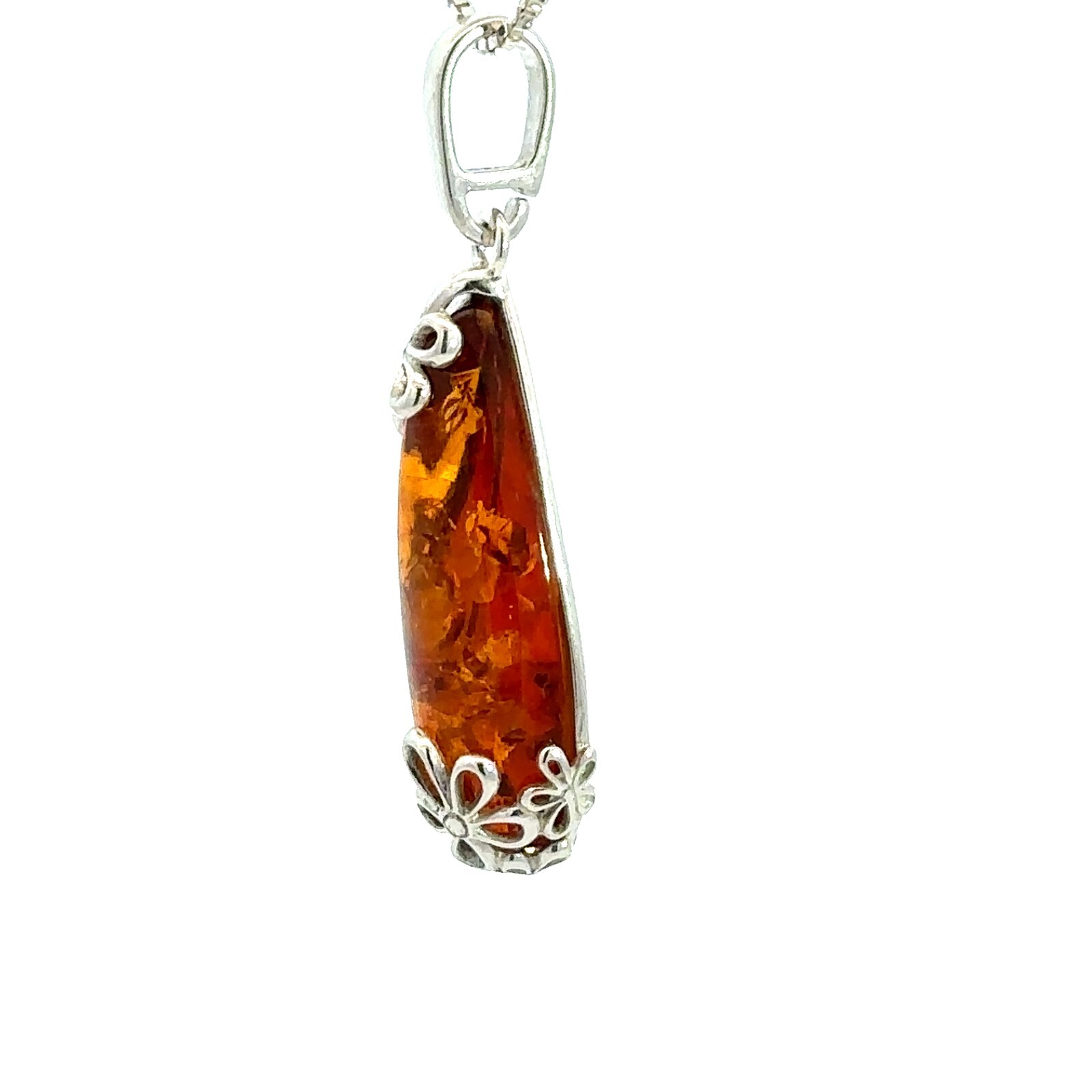 Sterling Silver Baltic Amber Pendant With Flowers (3/8 x 1 1/2 Inch)