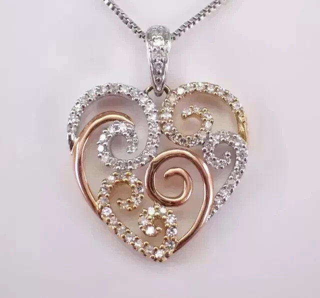 1Ct Round Cut Real Moissanite Heart Art Deco Pendant 14K Two Tone Gold Plated
