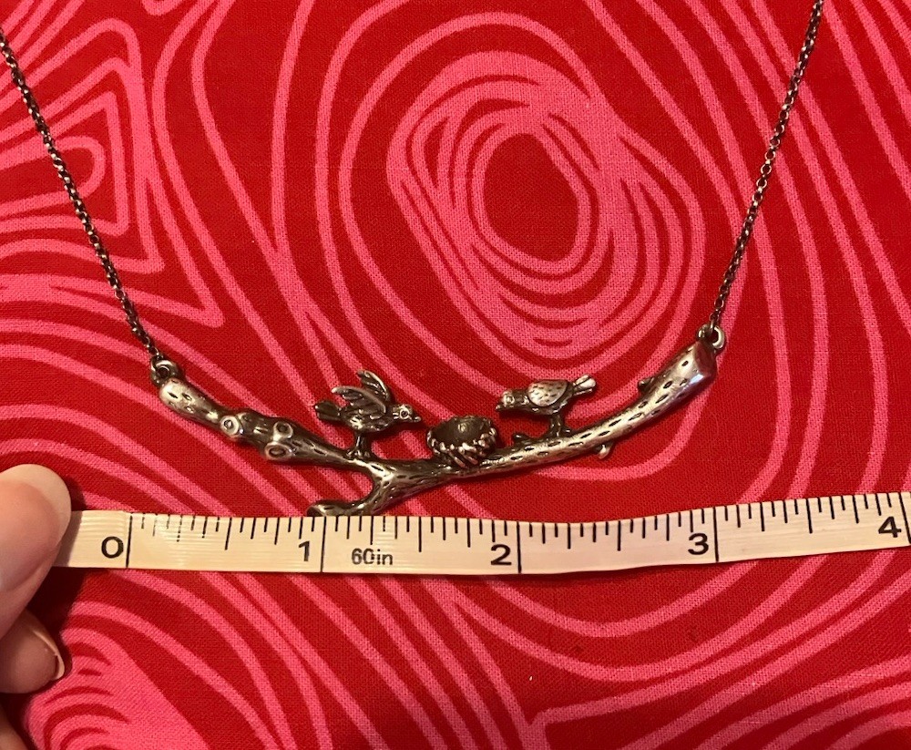 Unique Sterling Silver 925 Textured Birds w/ Nest on Tree Branch Necklace
