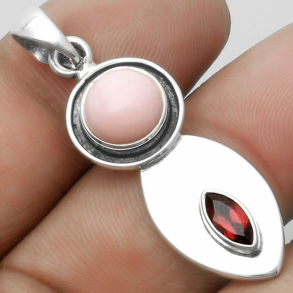 Natural Pink Opal Australia & Garnet 925 Sterling Silver Pendant Jewelry P-1186