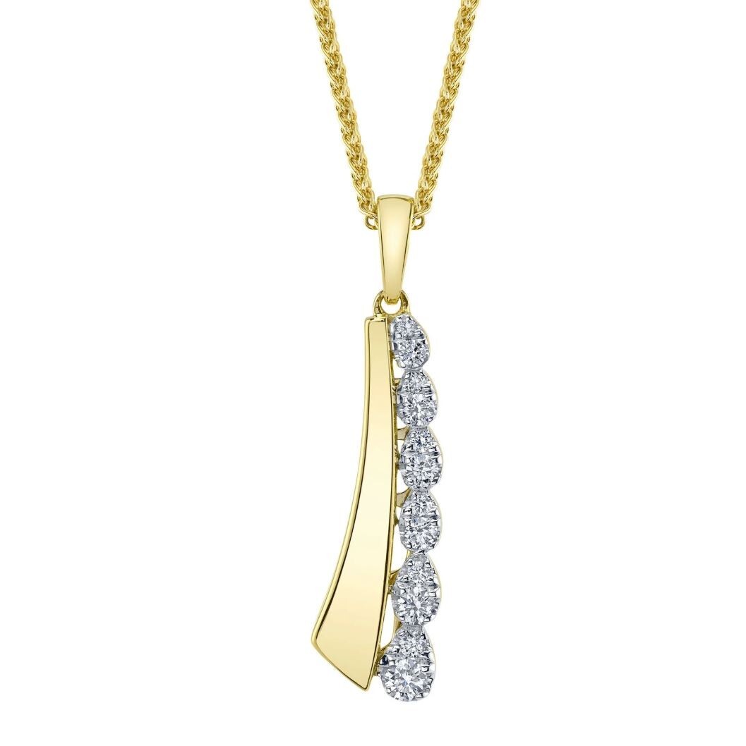 14K Yellow Gold Diamond Curved Bar Necklace 0.17 CT Chopin Chain 7 Stone Pendant