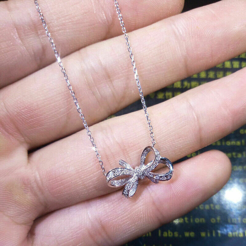 1.00Ct Round Cut Diamond Bow Knot Pendant 14K White Gold Finish 18″ Free Chain