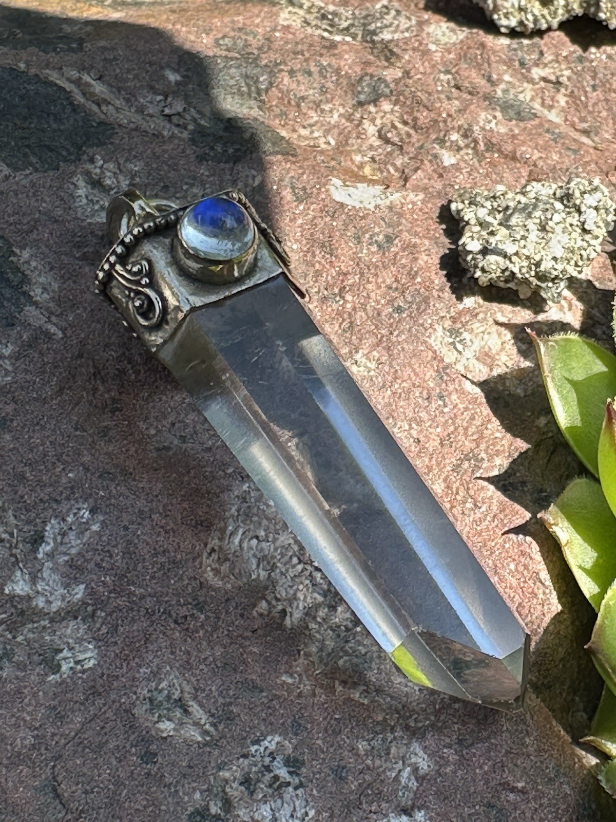 Ethereal Rainbow Moonstone & Clear Quartz Crystal Point Pendant 925s Silver