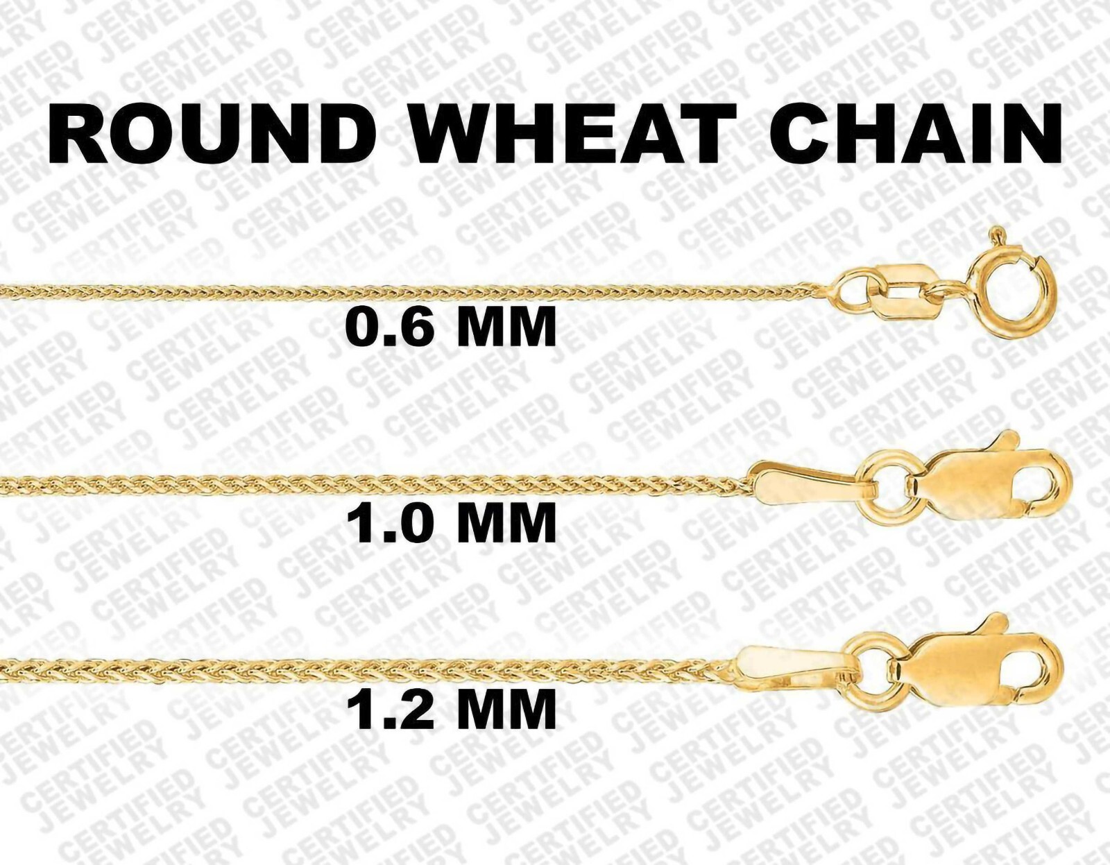 Solid 14K Yellow Gold Diamond Cut Round Wheat Chain, 16″ To 30″ in, 0.6 – 1.2 mm