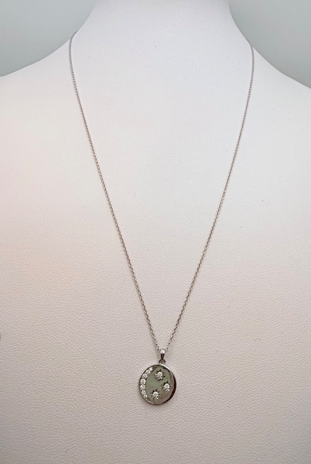14 kt White Gold Disc/Diamond Moon/Stars 18″ Necklace