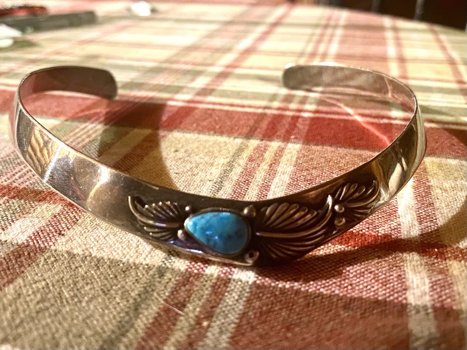 Stearling Silver 925 & Turquoise w/ Leaf Design Collar Necklace 12 Inc Around
