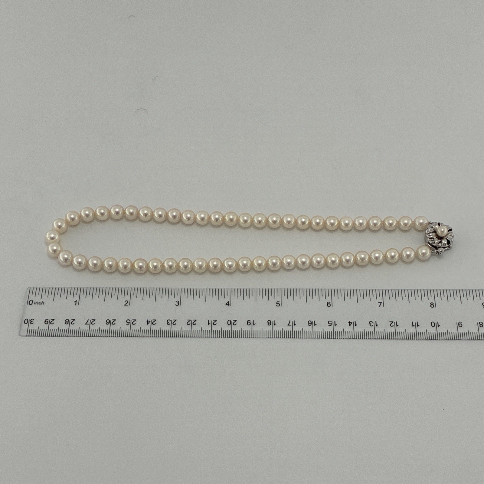 Hanadama 7.5-8mm Pearl Japanese Akoya White-Rose Necklace Silver 16.93″