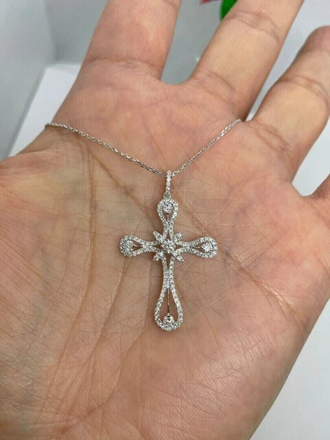 Lab Grown Diamond Women’s Cross Pendant 2ct Round Cut 14K White Gold Plated