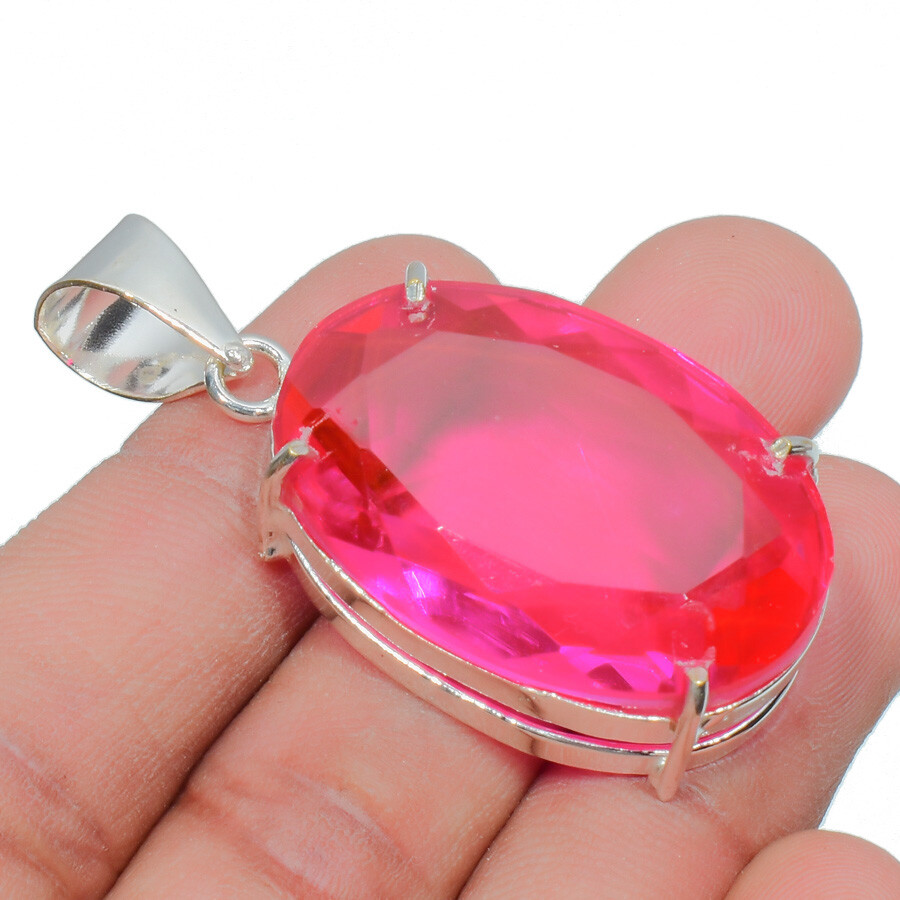 Pink Rubellite Gemstone Handmade 925 Sterling Silver Jewelry Oval Cut Pendant