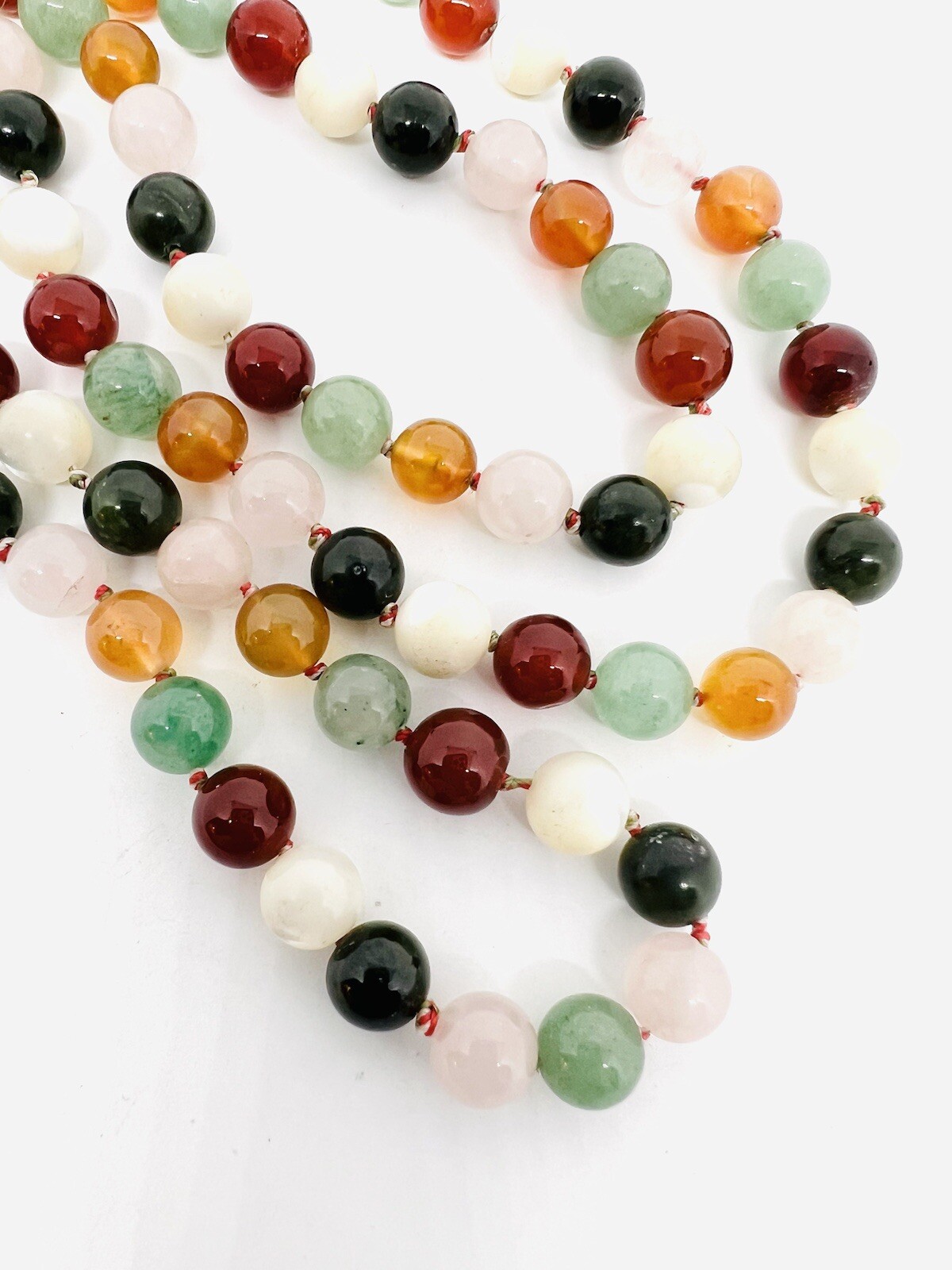 Sterling Silver Carved Multi Gemstone Beaded Necklace 67gm 32 in Vintage Jewelry