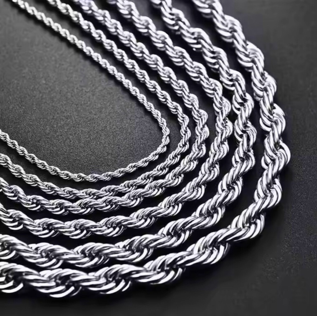Mens Silver Rope Chain Necklace Stainless Steel Lobster Clasp 2–4mm Link