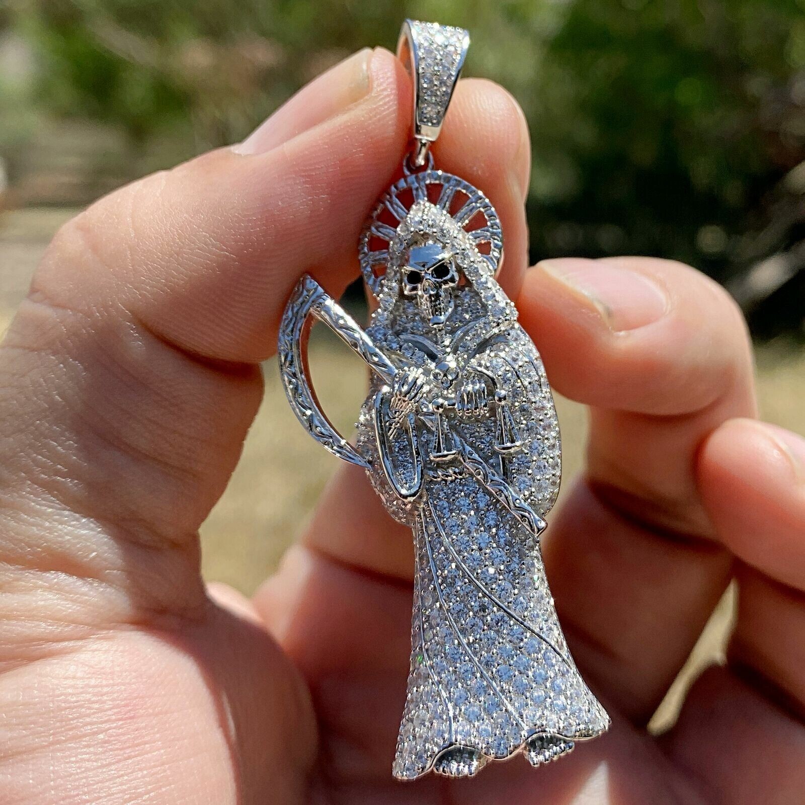 2Ct Lab Created Diamond Santa Muerte Pendant 14K White Gold Plated Free Chain