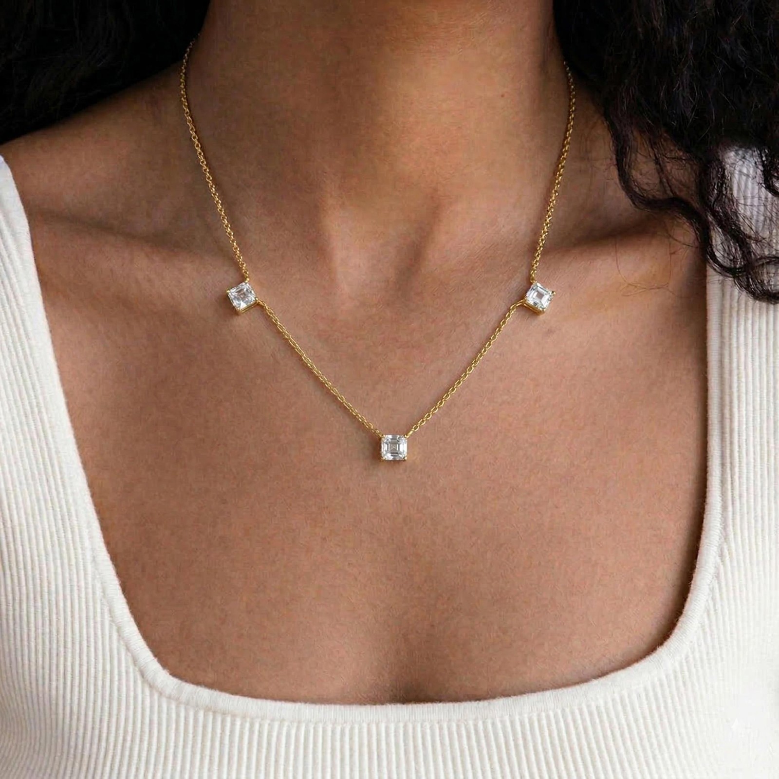 Dainty Gold Three Stone Necklace, White Zircon Necklace, Minimalist Station Neck