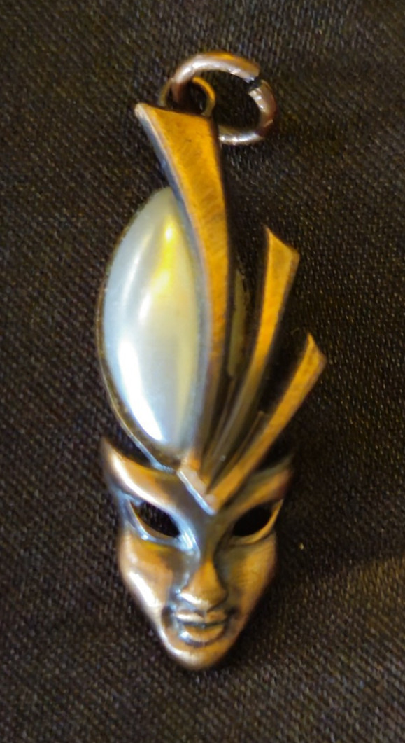 Unique Tribal Mask Pendant Metal w/ Pearl Accent (no chain)