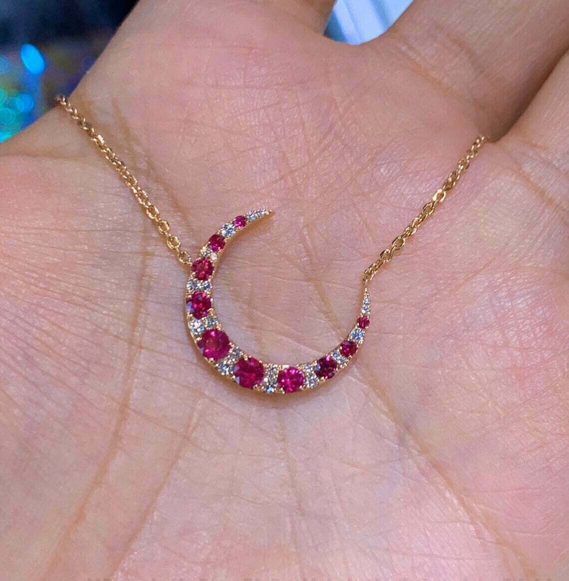 1Ct Round Lab Created Ruby Women’s Lovely Crescent Moon Pendant 14KYellow Plated