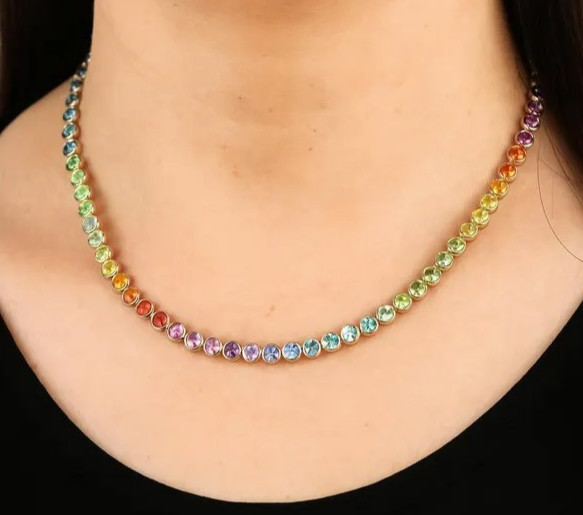 Rainbow Sapphire Tennis Necklace Solid 14kYellow Gold Layering Colorful Necklace