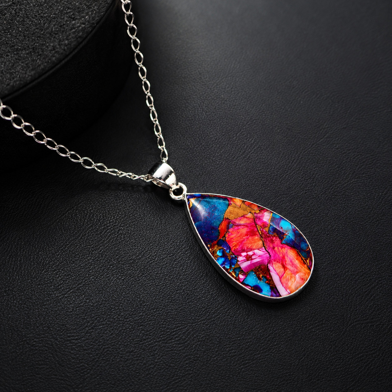 Kingman Oyster Turquoise Teardrop Pendant Necklace 925 Sterling Silver