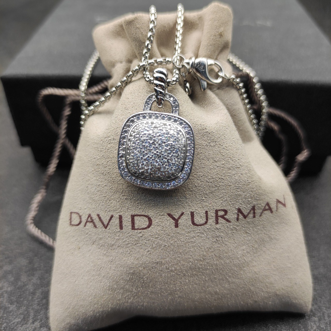 David Yurman Sterling Silver 14mm Pave Diamond Albion Pendant & Necklace 18 inch