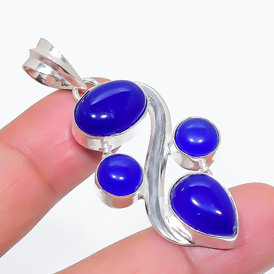 Blue Onyx Handmade Gemstone 925 Sterling Silver Jewelry Pendant Size 2″ For Gift