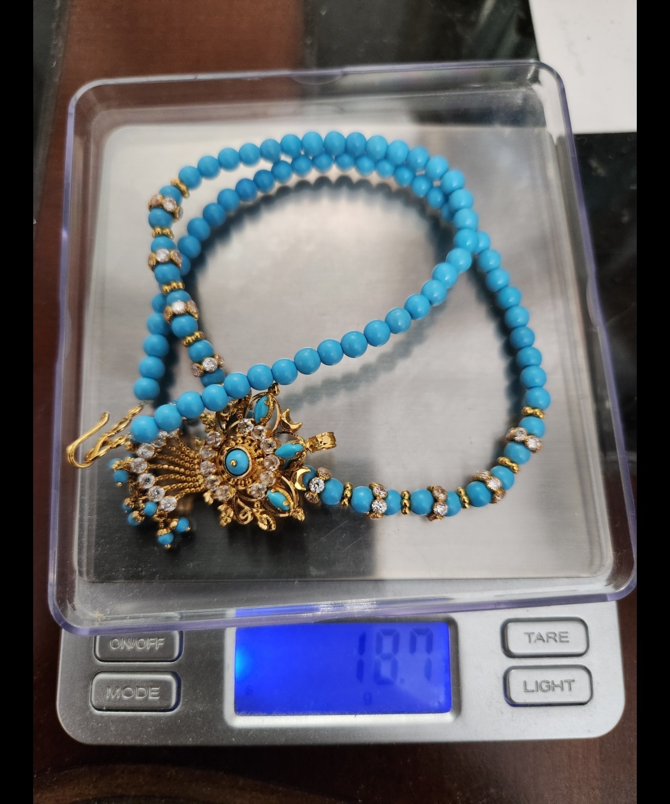 22k Gold And Turquoise Pendent And Necklace Cz Accents Length 16.5 In Wt 18.7 Gm