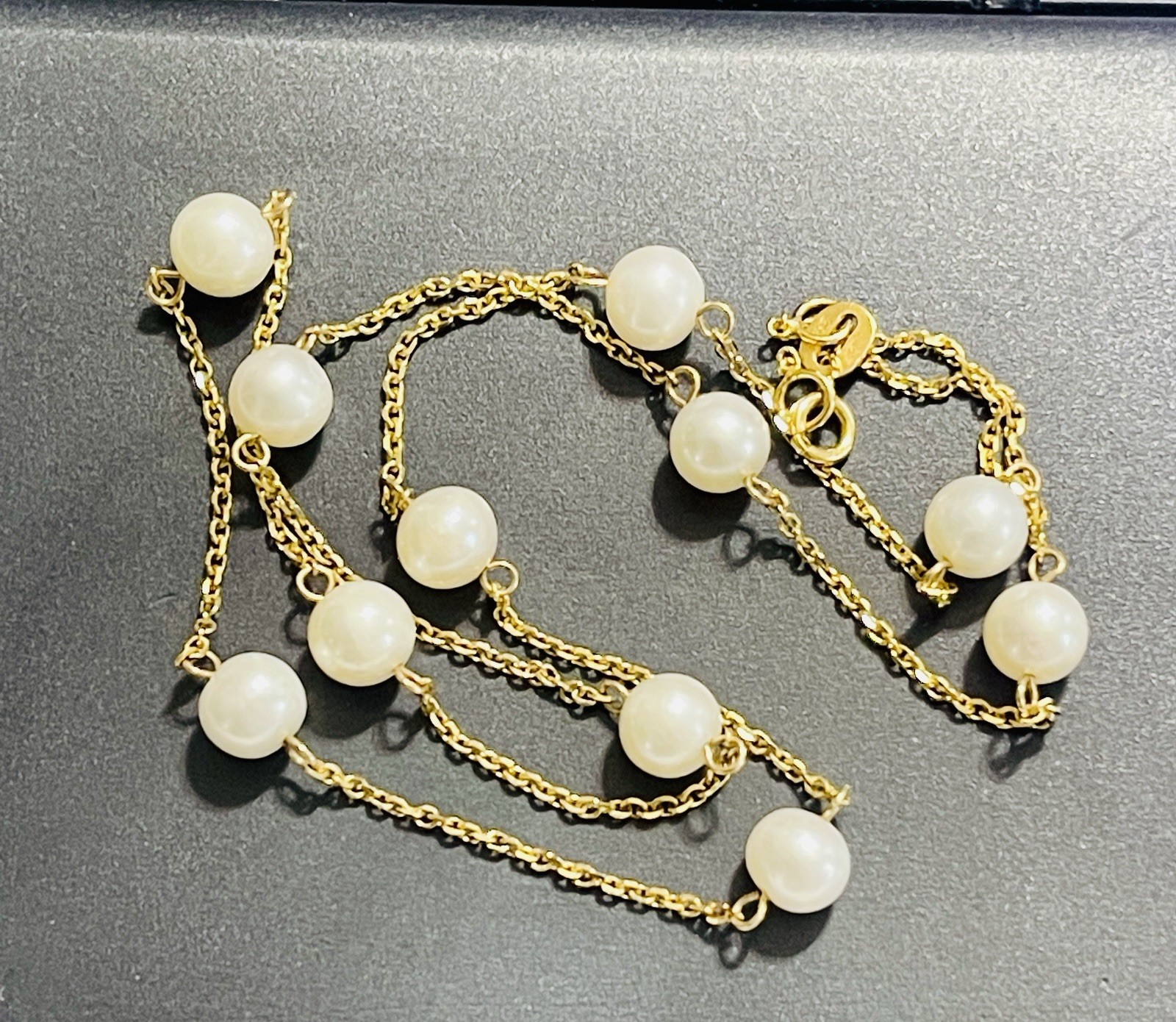 SOLID 14K YELLOW GOLD PEARL STATION CHAIN NECKLACE / 17″ LONG / 3.7 GRAMS